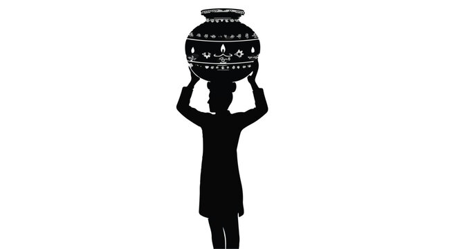 African woman silhouette holding colorful decorative clay pot on head traditional cultural symbol in black outline