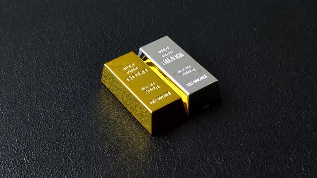 Gold and silver bullion or ingots as metals for bank storage, investments, and financial transactions. Gold and silver bars as a backdrop for your design