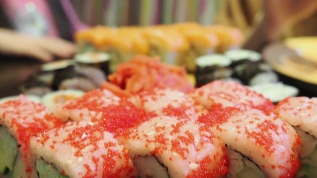 A beautifully arranged platter of assorted maki sushi rolls, featuring a colorful and delicious selection perfect for sushi enthusiasts.