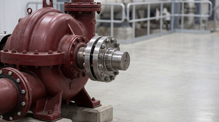 Fototapeta premium Industrial centrifugal pump at oil refinery plant. Metal machinery equipment for pumping fuel and liquid. Engineering infrastructure for chemical production and energy sector operations.