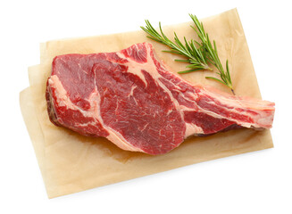 Fototapeta premium Raw T-bone beef steak and rosemary isolated on white, top view