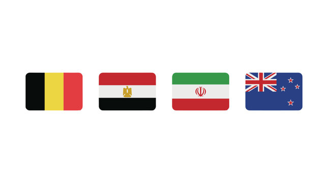 A row of national flags of the following countries: Belgium, Egypt, Iran and New Zealand