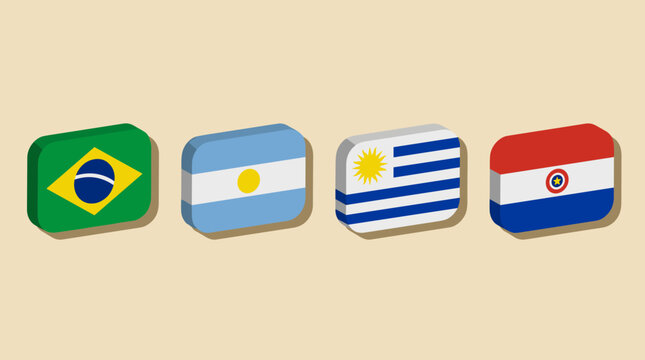 Selection of vibrant 3D country flags: Brazil, Argentina, Uruguay and Paraguay