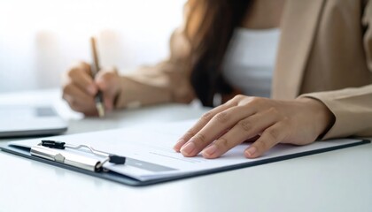 Fototapeta premium Businesswoman signing important document on clipboard with pen.