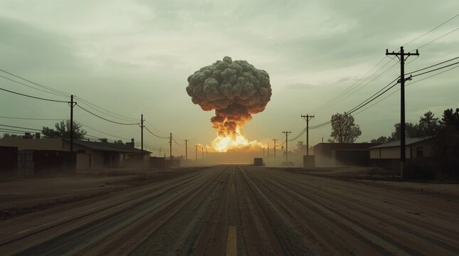 Deserted town roadway leading toward a massive nuclear mushroom cloud explosion on the horizon, with power lines and low buildings under a hazy war-torn sky