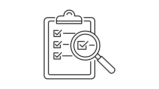 Minimalist black line vector icon illustration of a clipboard with a checklist and magnifying glass, symbolizing compliance audit, quality control, business inspection, and task management.