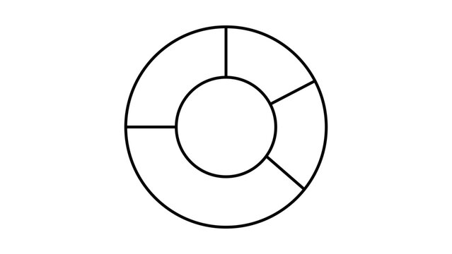 Minimalist black line vector icon of a donut chart on a white background. This scalable illustration represents a ring-shaped data visualization tool for business analytics and reports.