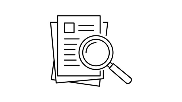 Minimalist black line vector icon illustration of a magnifying glass over a stack of documents, representing due diligence, audit, research, and data analysis on a clean white background.