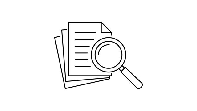 Minimalist black line vector icon illustration of a magnifying glass over a stack of documents, representing due diligence, research, audit, search, analysis, and investigation on white background.
