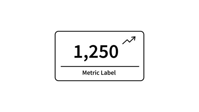 Minimalist black line vector icon of a metric dashboard card featuring a numerical value, upward growth arrow, and label placeholder, isolated on white for business data visualization design.