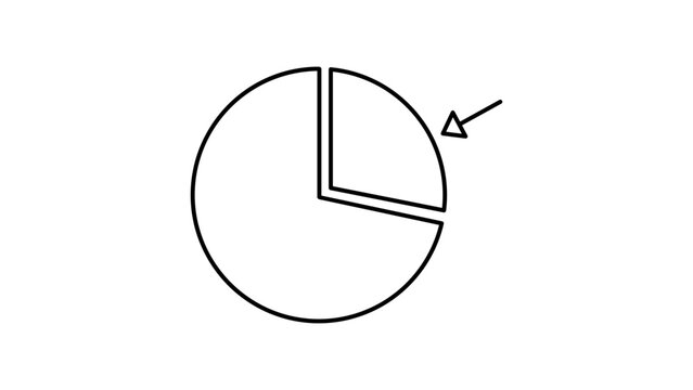 Minimalist black line vector icon illustration of a pie chart on a white background with a separated slice and arrow, representing market share, business growth, data analysis, and statistics.