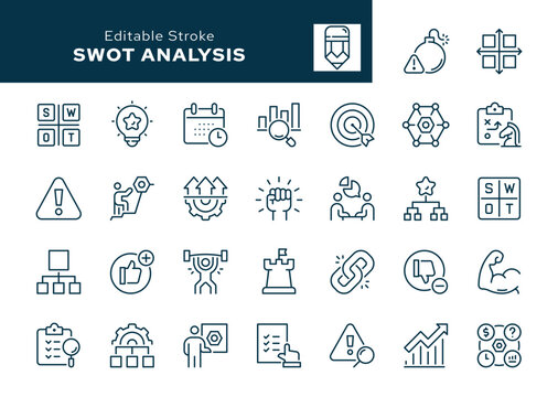 SWOT. Set of outline icons. Strengths and weaknesses, disadvantages and advantages, planning, strategy, opportunities, threats and more. Line icon in linear style. Vector collection	