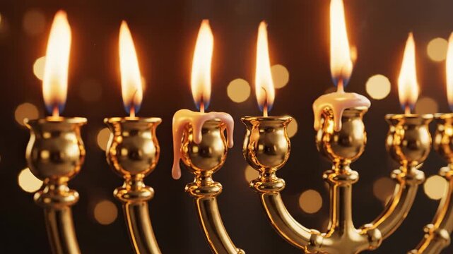 golden menorah with burning candles against dark background with bokeh. hanukkah celebration, jewish festival of lights. religious tradition, holiday greeting. judaism symbol, spiritual event.