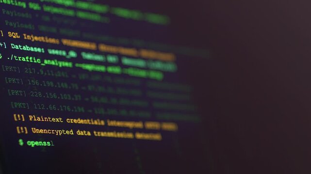 Abstract coding interface with green symbols, symbolizing cyber defense, information security and threat detection in network systems.
