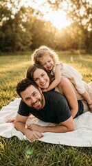 Fototapeta premium Happy young family relaxing on blanket in park at sunset with smiling parents and daughter and warm sunlight.
