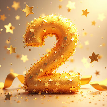 Golden number 2 adorned with glittering stars and confetti, surrounded by ribbons and a soft, golden glow.