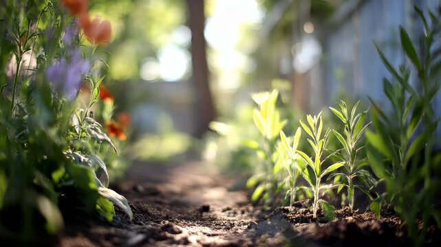 Spring season, garden park, flower, fresh, life. A vivid outdoor scene captured during the golden hour, with sunlight filtering through the trees and illuminating the plants.