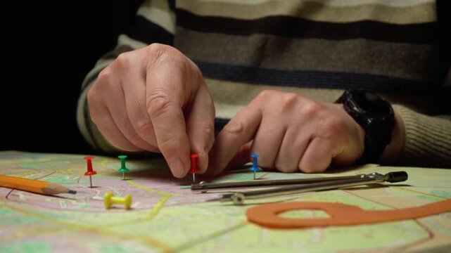 Hands of a surveyor placing colorful push pins on a detailed map while using a compass and pencil, showcasing a methodical approach to mapping