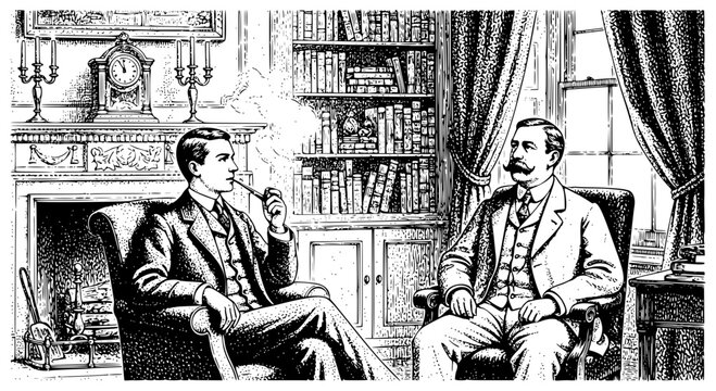 Sherlock Holmes and Dr. Watson in 221B Baker Street. Monochrome vector illustration. Transparent SVG version.