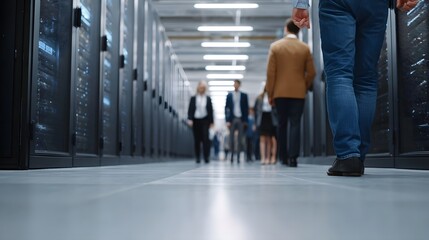 Obraz premium Professionals walk through a vast modern server data center symbolizing the movement of digital information and business growth