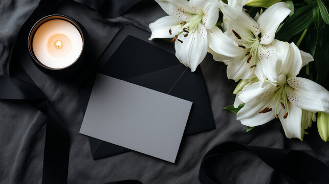 Elegant funeral condolence stationery with black envelope, blank memorial card, white lilies and candle on dark fabric, respectful sympathy flat lay for remembrance, mourning and tribute design