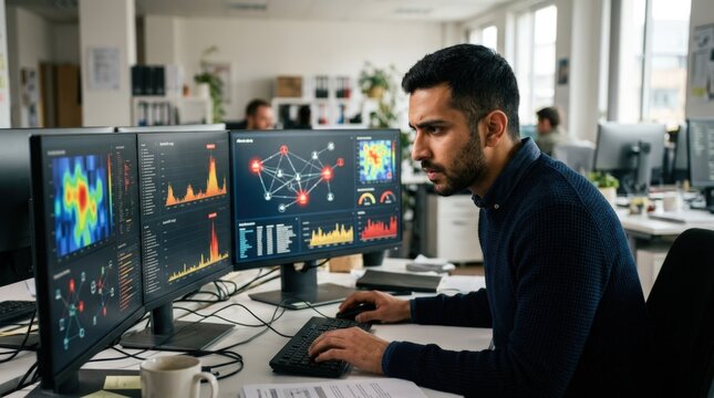 Medium shot of cybersecurity analyst focused on security dashboards displaying breach alerts blurred office environment highlights urgency in small business risk insurance pool