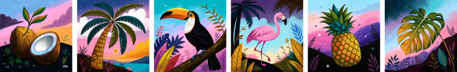 Fototapeta premium Tropical summer collection: palm tree, flamingo, pineapple, monstera leaf, toucan, coconut, hibiscus flower, mango. Bright exotic colors, isolated on white. Perfect for tropical design.