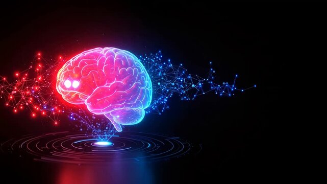 Holographic human brain model with glowing neural network connections. Medical technology animation of cognitive function, synaptic activity and digital brain scan.