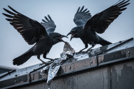 Crows fighting over torn foil on a wet rooftop with wings spread in rain