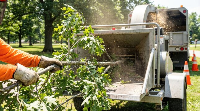 Tree service worker feeding branches into wood chipper