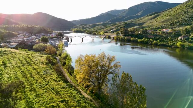 Aerial view of a boat on the douro river at sunset