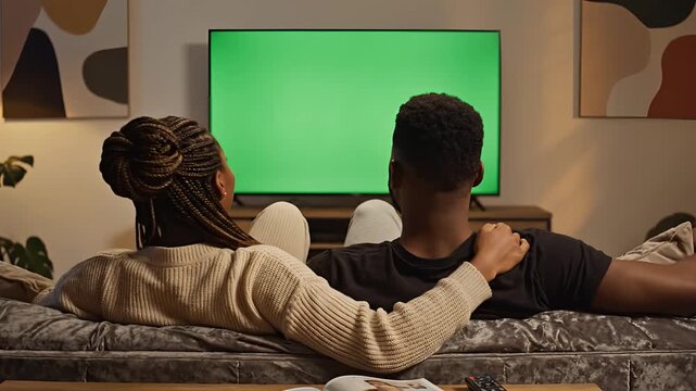 Couple watching green screen TV on couch at home.