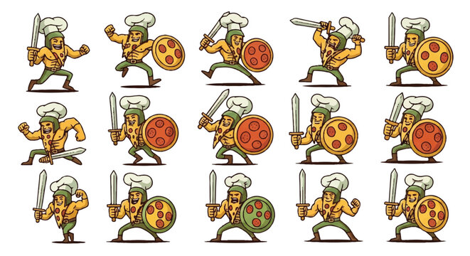 Chef warrior poses with sword and shield in comic style illustration