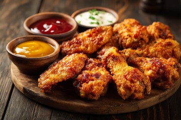 Fototapeta premium Crispy Chicken Wings on a Rustic Wooden Table Served With Savory Sauces and Vibrant Colors for a Delightful Feast Experience