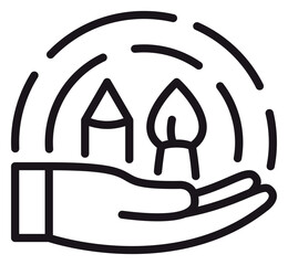 Sustainable Living and Eco-Friendly Housing Concept Vector Icon Illustration. A Hand Cradling a Small House and a Leaf Under Protective Arcs, Representing Green Energy and Nature Conservation. © Ch