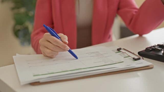 Woman redhead in business jacket writing with blue pen on clipboard at office desk in building; concentration diligence professionalism.