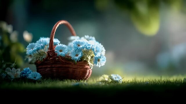 Spring season, garden park, flower, fresh, life. A still life photograph depicts a wicker basket overflowing with vibrant blue daisies. The basket is placed on a bed of lush green grass.