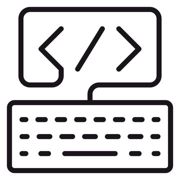 Black line art vector icon illustration of a computer monitor displaying a coding bracket symbol and a keyboard, representing software development, programming, web design, and technology.