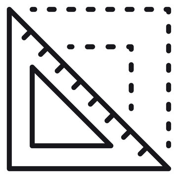 Minimalist black vector icon of a set square triangle ruler with dashed measurement lines for drafting, geometry, architecture, and technical design projects in engineering and education.