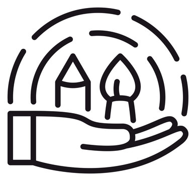 Sustainable Living and Eco-Friendly Housing Concept Vector Icon Illustration. A Hand Cradling a Small House and a Leaf Under Protective Arcs, Representing Green Energy and Nature Conservation.