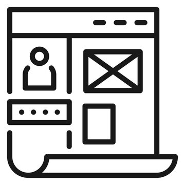 Black line vector icon illustration of a web page interface or user profile dashboard layout on a paper scroll, featuring login fields, avatar, image placeholders, and minimalist design.