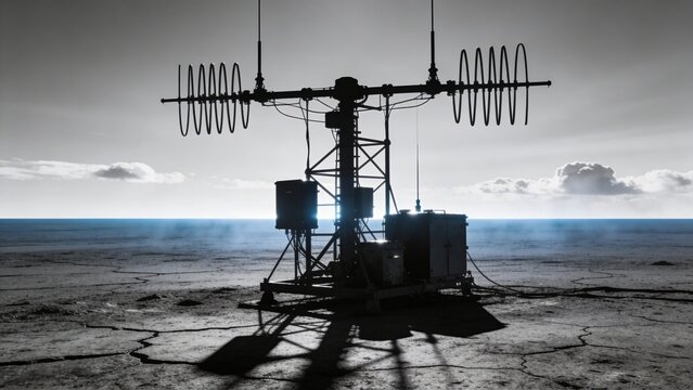 Remote Seismic Survey Equipment Array on Barren Plateau in Minimalist Landscape with Scientific Precision
