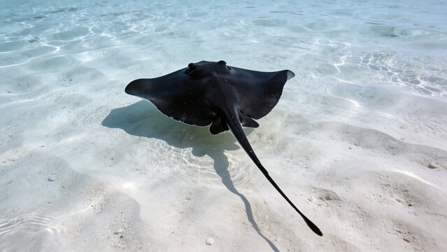 Stingray drifting above sunlit seabed with smooth silhouette and serene underwater beauty in transparent waters