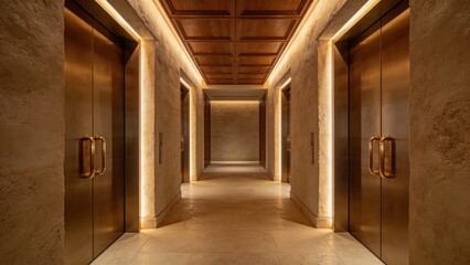 Naklejka premium Warm oak ceiling and plaster textures surround stylish elevator doors for refined contemporary hallway luxury
