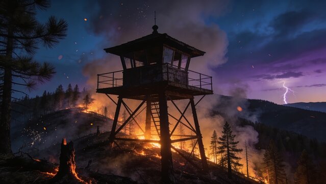 Fire lookout tower rising over smoky forested ridgelines with dramatic haze and wilderness vigilance scene