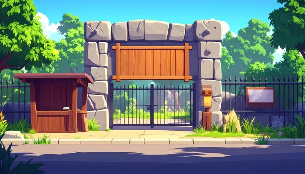 Cartoon Zoo Entrance Gate with Ticket Booth and Sign.