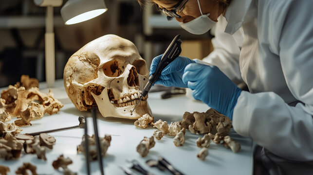A forensic anthropologist analyzing skeletal remains in a forensic anthropology laboratory, with human skull, remains and forensic investigation tools visible