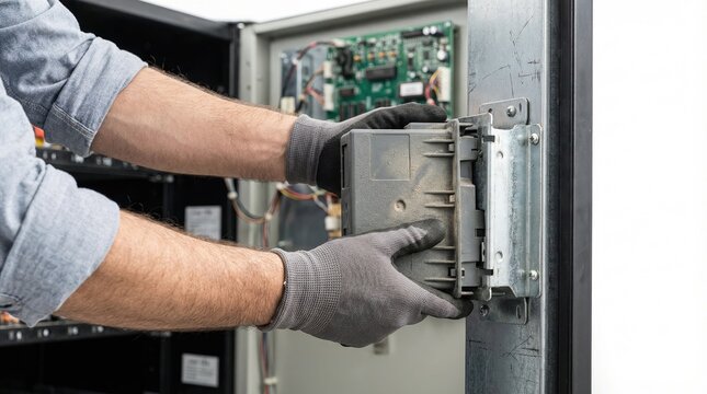Technician in protective gloves installing electronic control unit in electrical cabinet