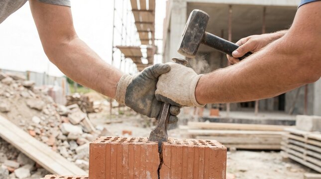 Two construction workers breaking red brick using hammer and heavy chisel