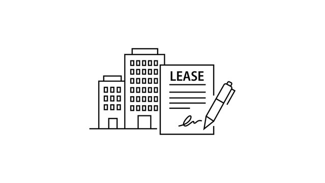 Commercial lease agreement minimalist black line vector icon illustration on white background, featuring office buildings, a signed document, and a pen for real estate and business concepts.